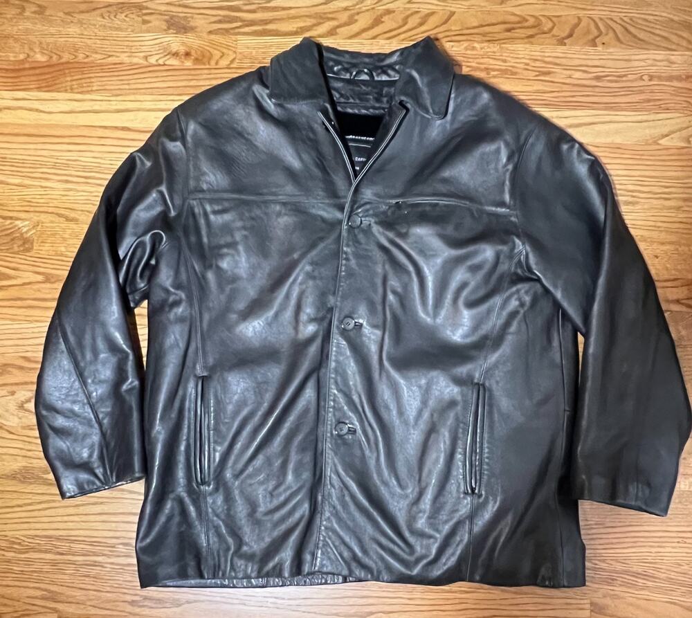 Knoles & Carter Men's EUC Black Button Front Leather Jacket Removable Lining 2XL